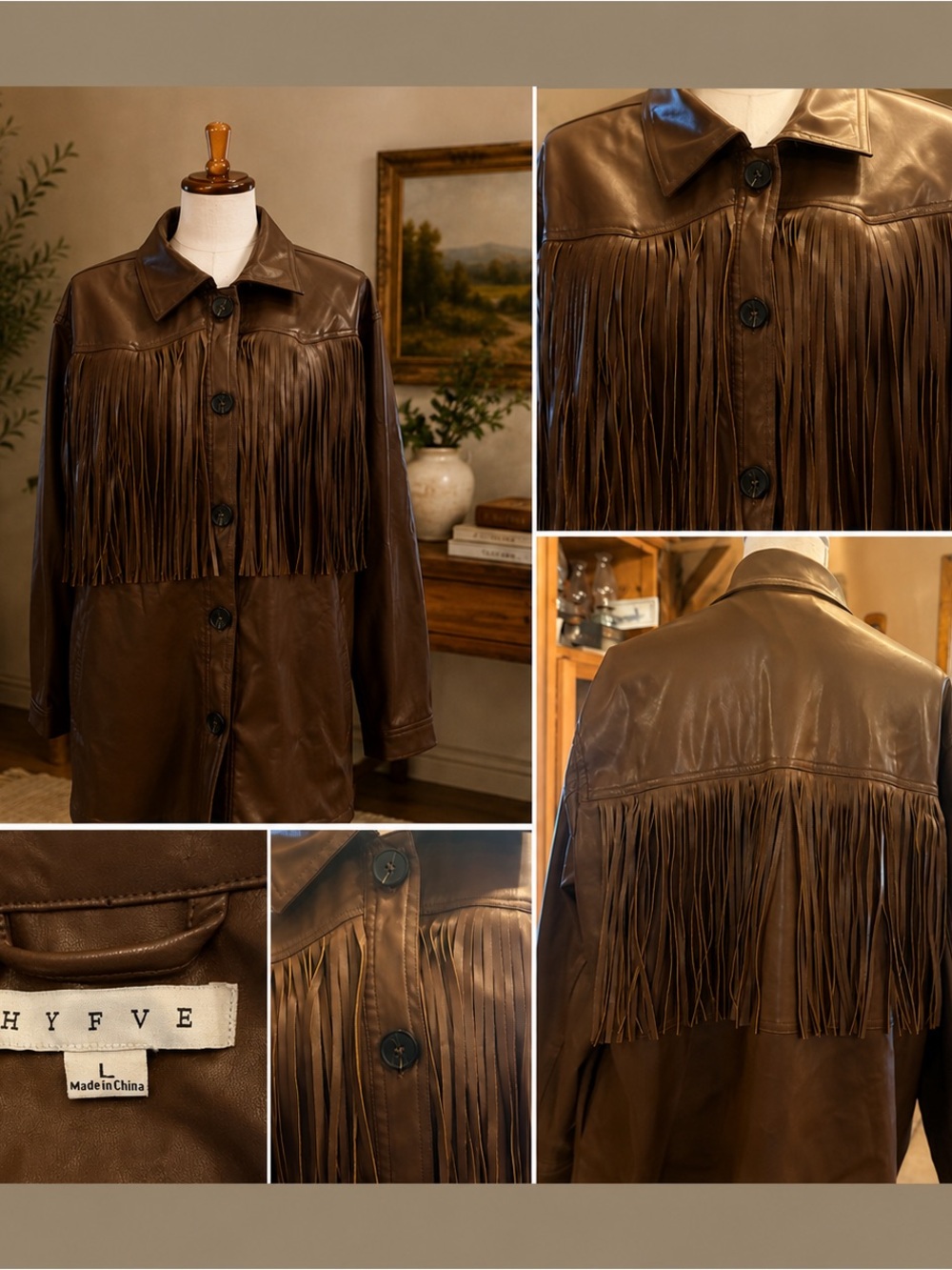 HYFVE Brown Faux Leather Fringe Western Jacket Shacket Size Large - Picture 2 of 2